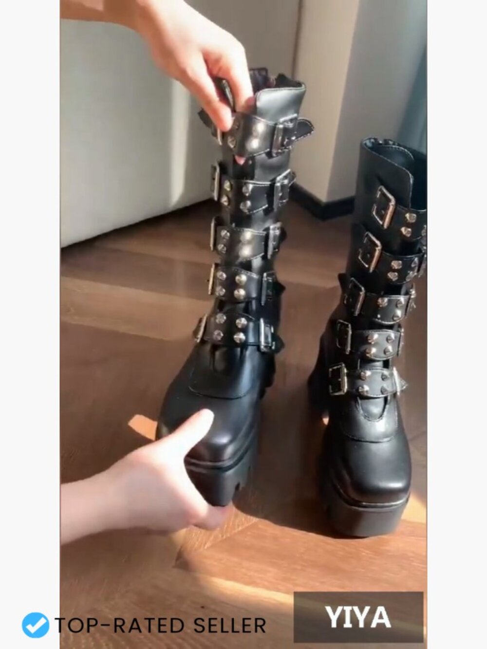 Mid Calf Combat Boots Chunky Platform Square Toe Goth Punk with Buckle Strap - Picture 7 of 7